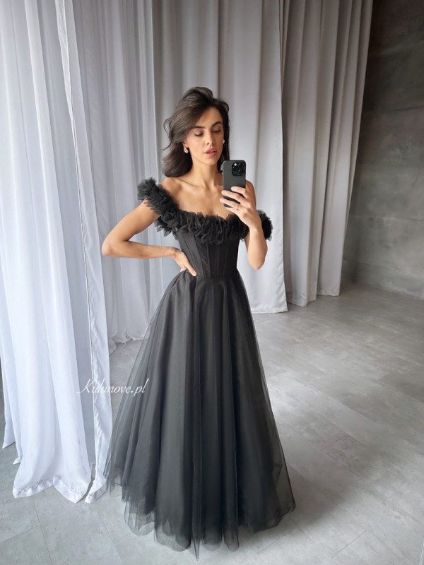 Moana - black tulle long corset dress with open shoulders perfect for proms