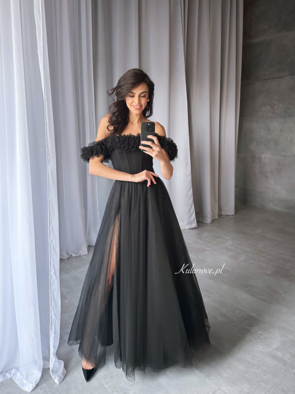 Moana - black tulle long corset dress with open shoulders perfect for proms
