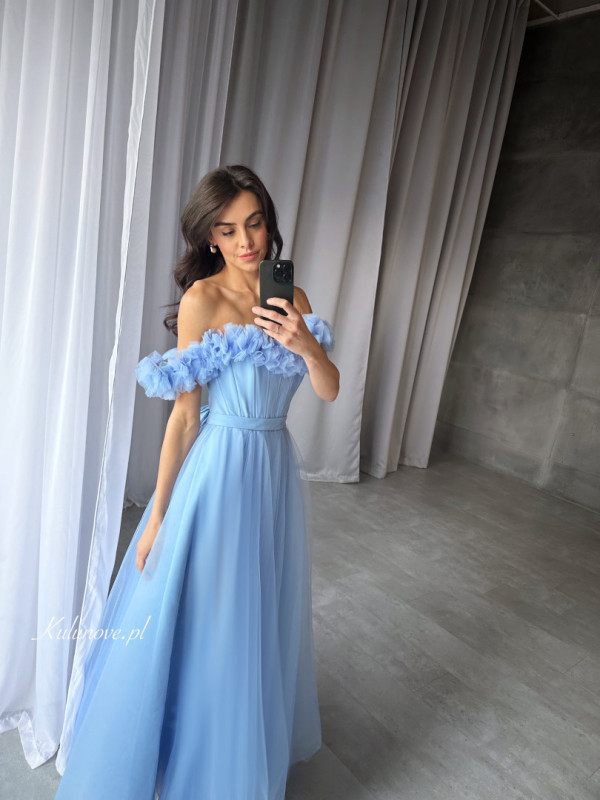 Moana - blue tulle dress with tied corset revealing shoulders