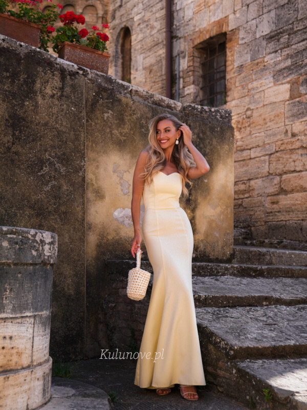 Monalisa - yellow fitted dress with fishnet shape and heart neckline