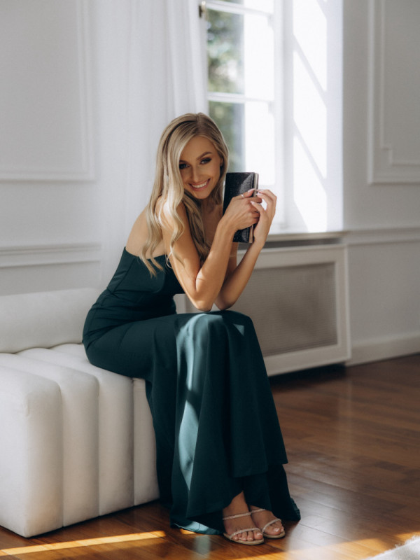 Monalisa - chic minimalist bottle green strapless fishnet dress