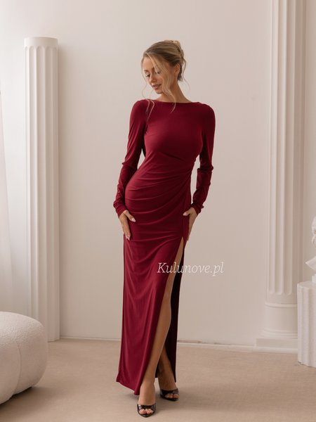 Nancy - a burgundy maxi dress with a deep back neckline and long sleeves