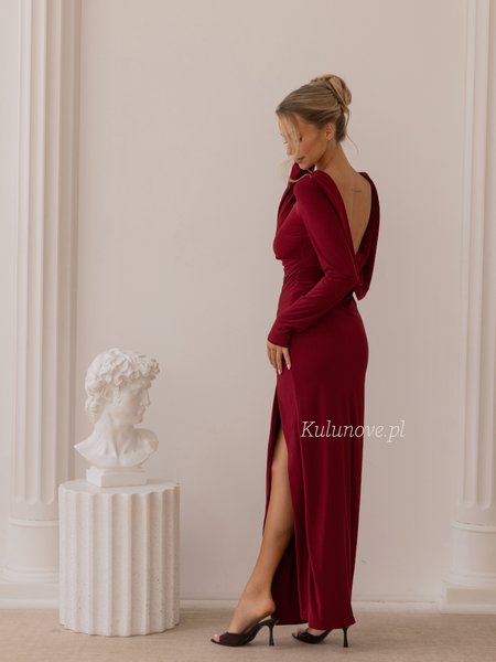 Nancy - a burgundy maxi dress with a deep back neckline and long sleeves