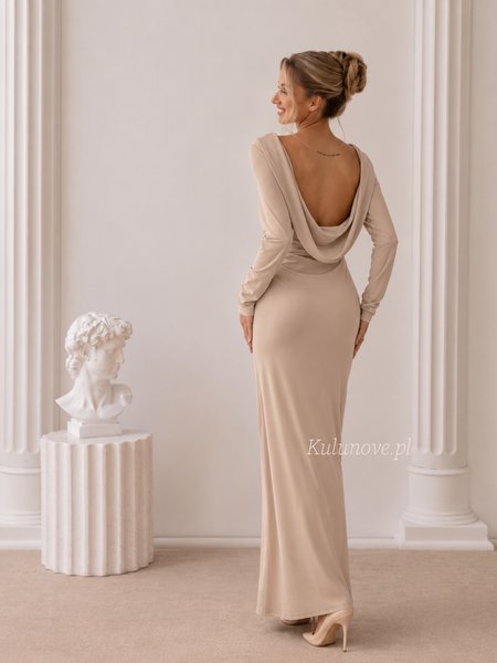 Nancy - a light beige, long, fitted dress with a striking back neckline