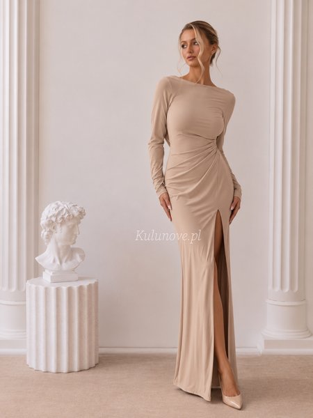 Nancy - a light beige, long, fitted dress with a striking back neckline