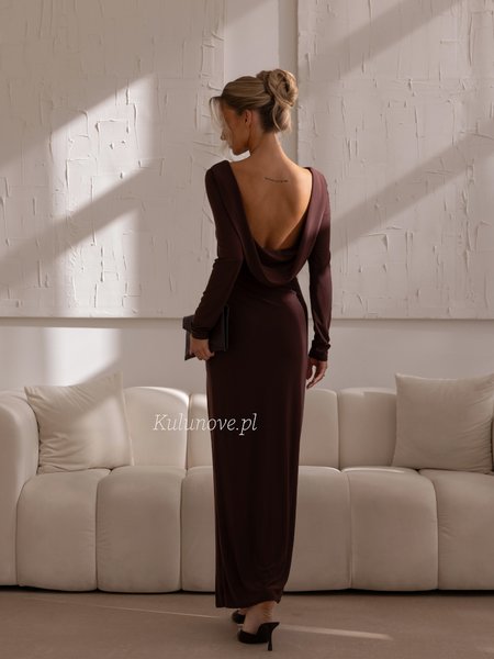 Nancy - an elegant, stretchy chocolate-colored dress with ruffles and a back neckline
