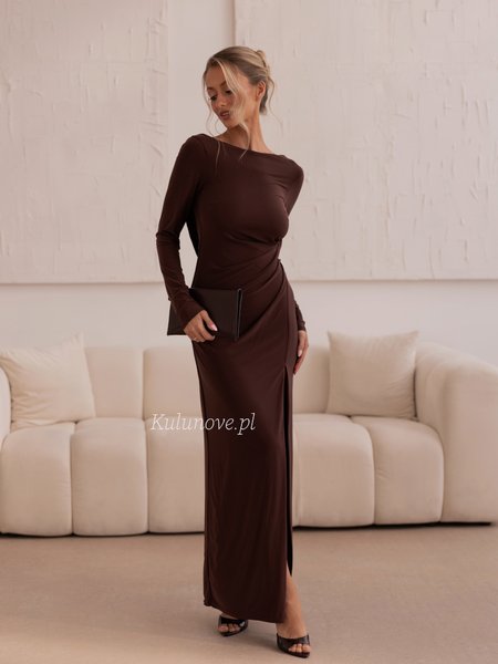 Nancy - an elegant, stretchy chocolate-colored dress with ruffles and a back neckline
