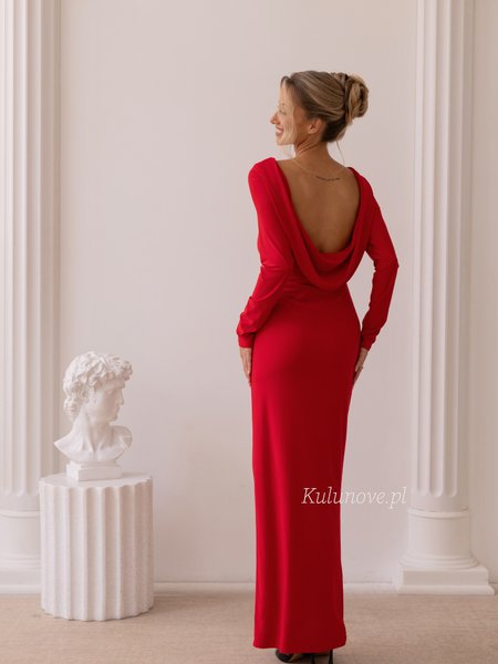 Nancy - a fitted red maxi dress with a draped back