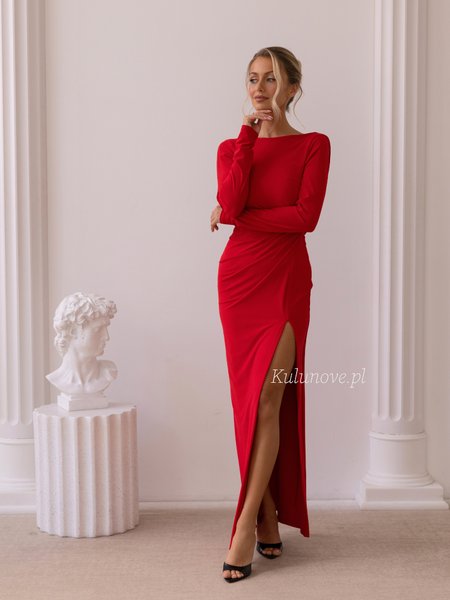 Nancy - a fitted red maxi dress with a draped back