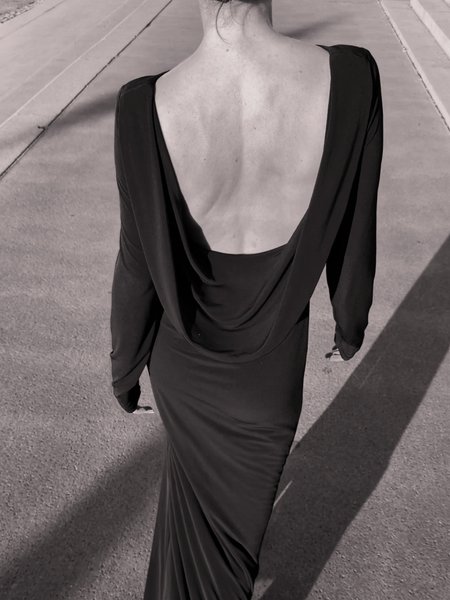 Nancy - Stretchy Black Maxi Dress with an Open Back and a Slit