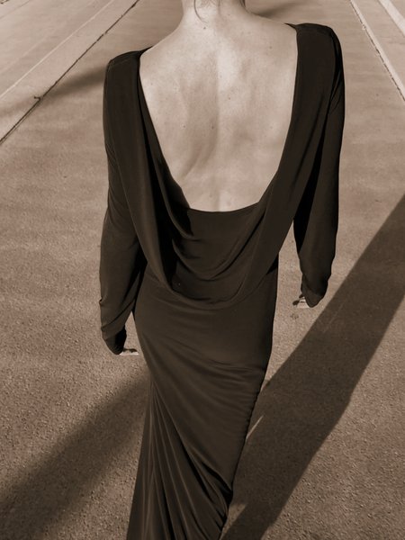 Nancy - Stretchy Black Maxi Dress with an Open Back and a Slit