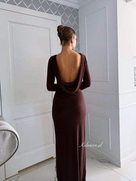 Nancy - an elegant, stretchy chocolate-colored dress with ruffles and a back neckline