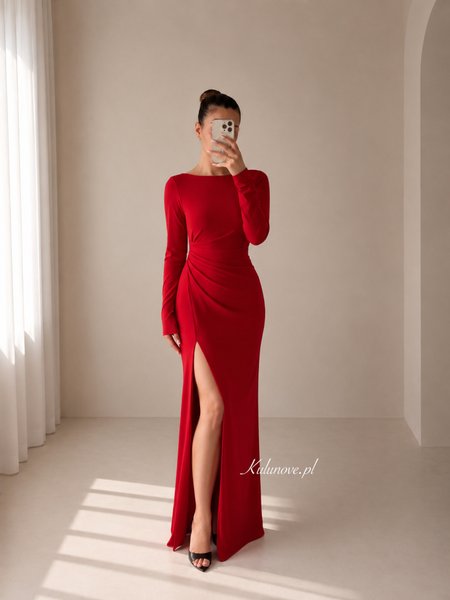 Nancy - a fitted red maxi dress with a draped back