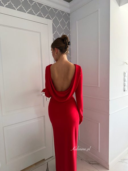 Nancy - a fitted red maxi dress with a draped back