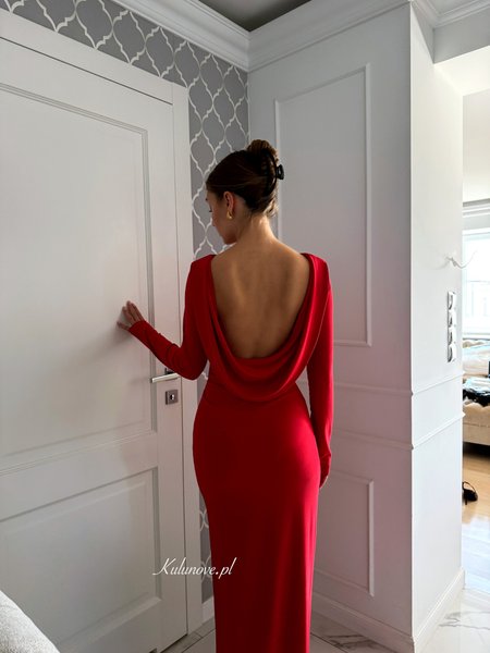 Nancy - a fitted red maxi dress with a draped back