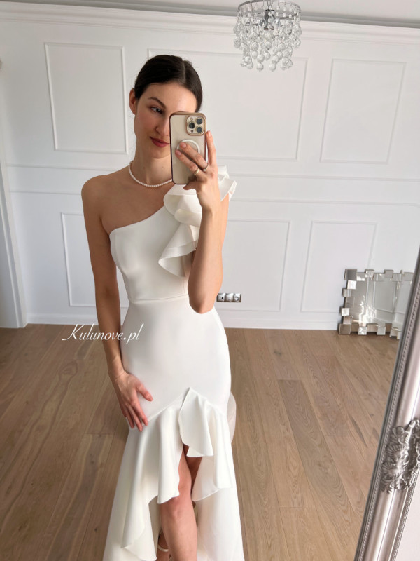 Natalie - one shoulder Spanish style dress with decorative shoulder ruffle and frilly bottom in ecru color