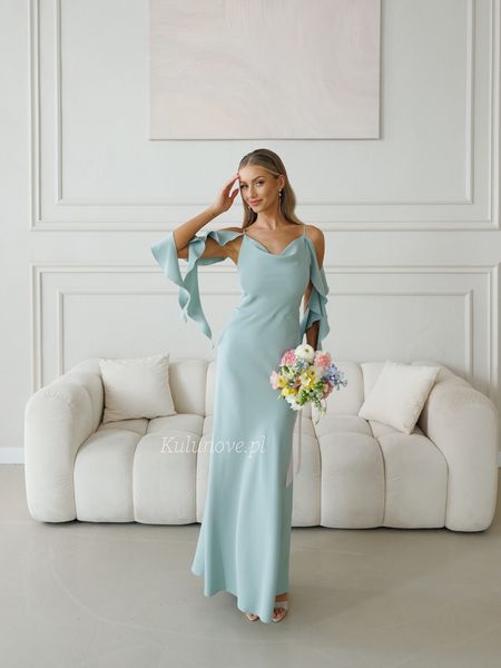 Nebraska - long dress in sage color with decorative wavy sashes