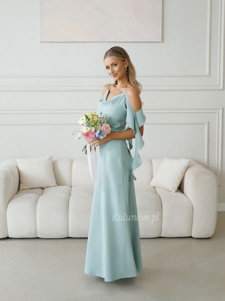 Nebraska - long dress in sage color with decorative wavy sashes