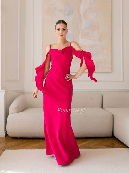 Nebraska - elegant maxi dress in fuchsia color with striking shoulder sashes