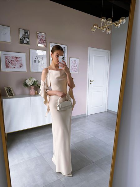 Nebraska - chic maxi dress in shade of beige with artistic sashes on shoulders