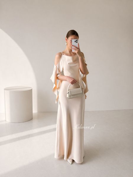 Nebraska - chic maxi dress in shade of beige with artistic sashes on shoulders