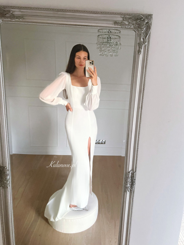 Nerra - minimalist smooth fishnet cut wedding dress with long chiffon sleeves and back neckline