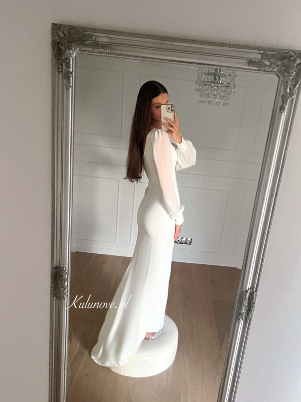 Nerra - minimalist smooth fishnet cut wedding dress with long chiffon sleeves and back neckline