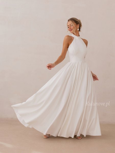 Nessa Premium - an ecru maxi ball gown wedding dress with a halter neckline
