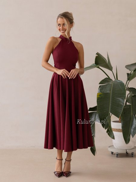 Nessa -  burgundy flared midi dress with a high halter neckline