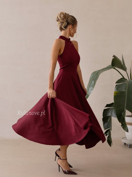 Nessa -  burgundy flared midi dress with a high halter neckline