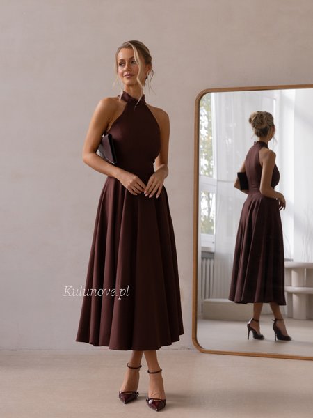 Nessa - a chocolate-colored midi dress with a halter neckline and bare shoulders