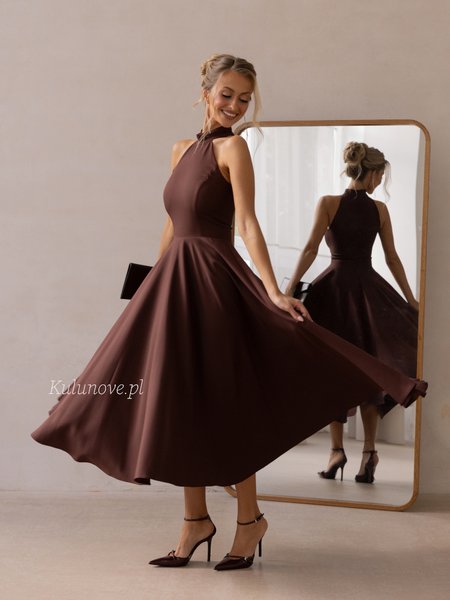 Nessa - a chocolate-colored midi dress with a halter neckline and bare shoulders