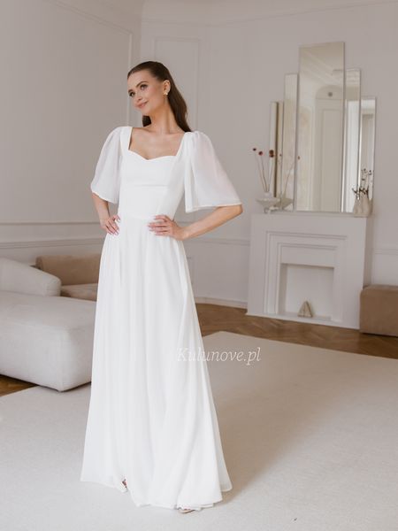 Nina - ecru chiffon wedding dress with delicate sleeves