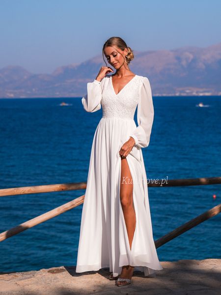 Noemi - a romantic ecru wedding dress with chiffon sleeves and a lace bodice