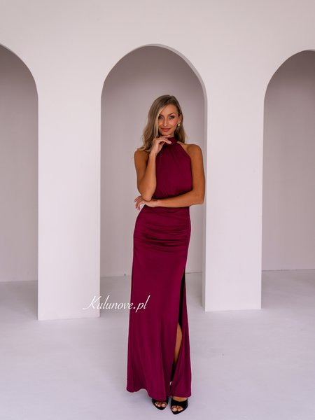 Nola - a long, stretchy dress with ruffles and a halter neckline