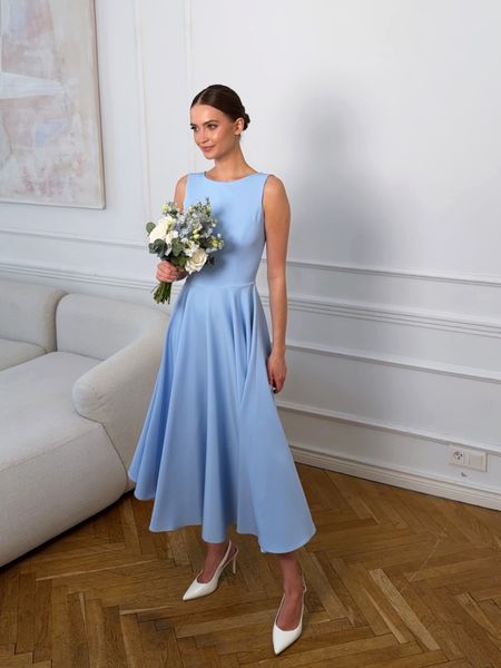 Nora midi - subtle blue midi dress with halter neckline and built-in back for a wedding