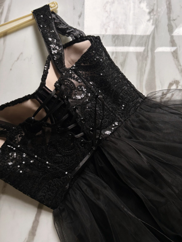 Octavia - black long princess dress with ruffles and sequin bodice