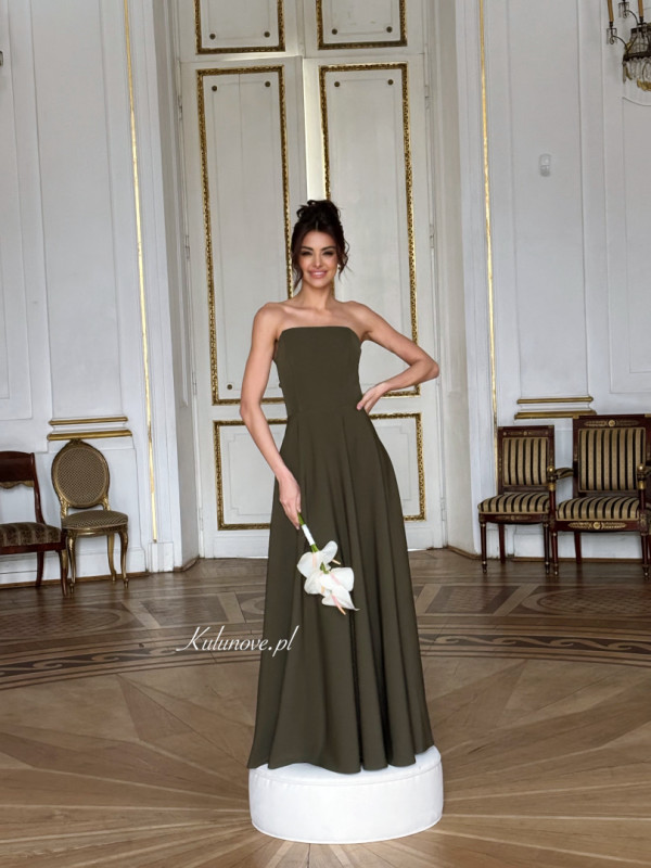 Hannah - olive long flared strapless dress