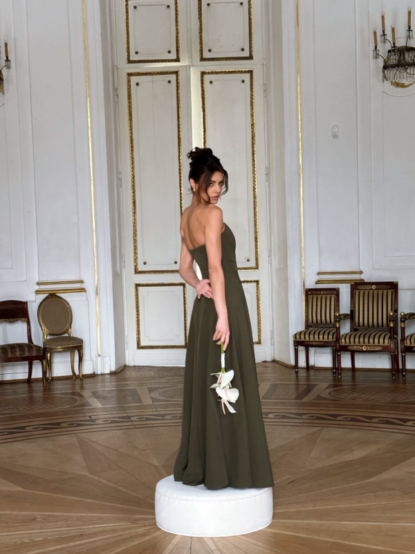Hannah - olive long flared strapless dress