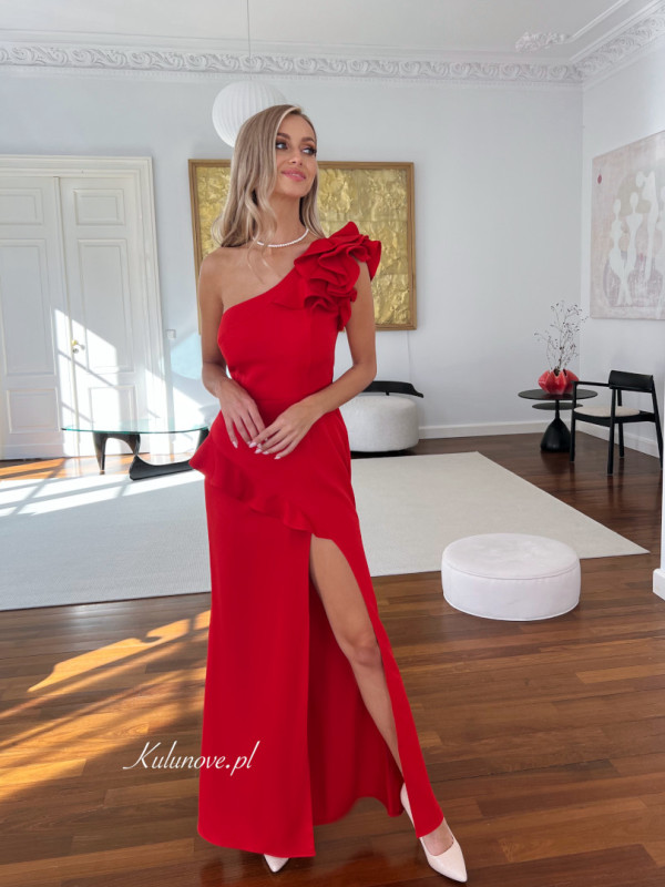 Ophelia - red simple one shoulder dress with decorative ruffles and leg opening