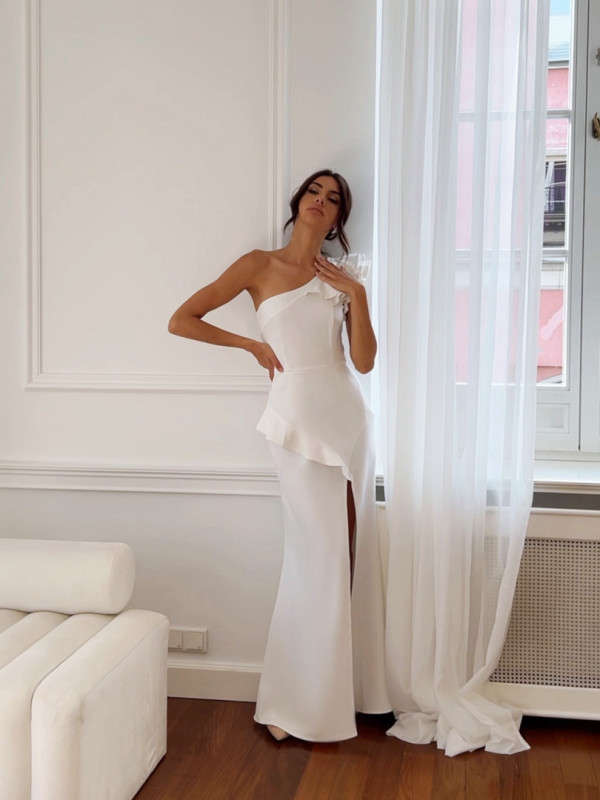 Ophelia - white chic dress decorated with one shoulder ruffles and slit