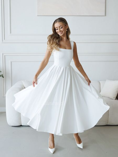 Oriana Midi - a princess-style midi wedding dress with a checkered neckline and wide straps