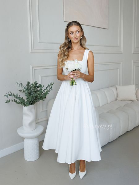 Oriana Midi - a princess-style midi wedding dress with a checkered neckline and wide straps