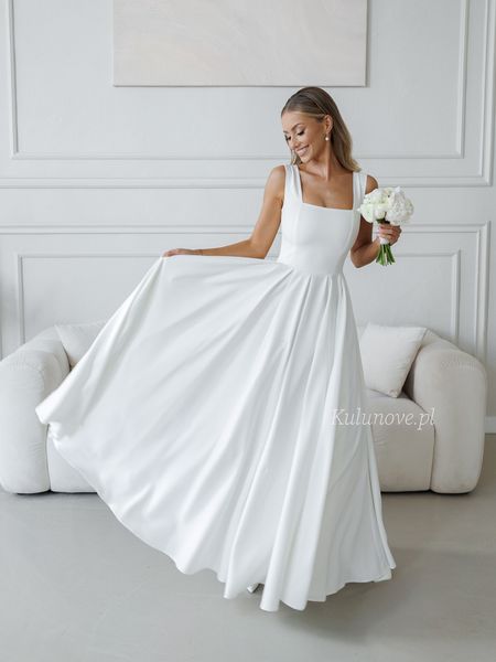 Oriana - simple ecru colored wedding dress with wide straps and ball gown bottom