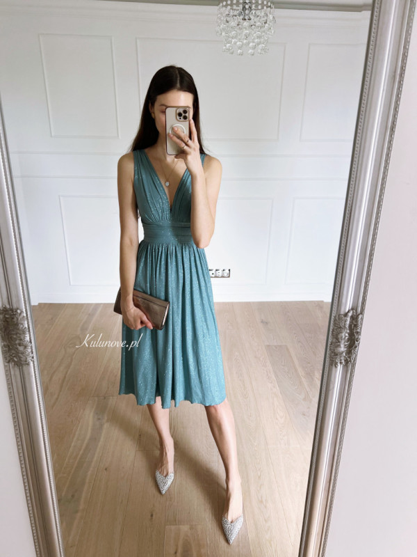 Penelope midi - sage brocade knee-length dress with thicker straps