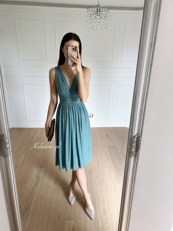 Penelope midi - sage brocade knee-length dress with thicker straps