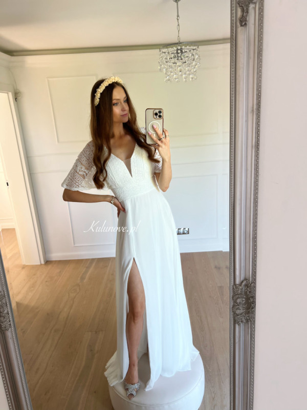 Pola - simple muslin wedding dress with short sleeve lace top