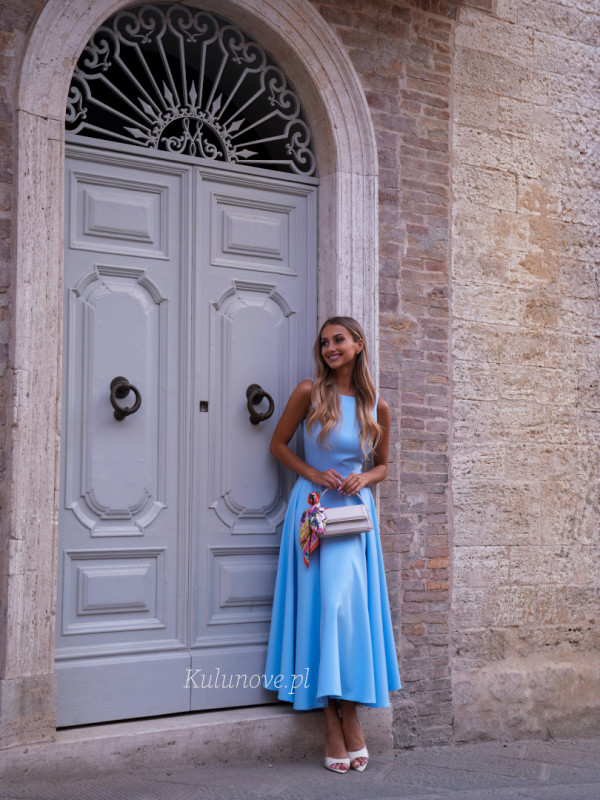 Prima - elegant blue flared midi length dress with a built in neckline