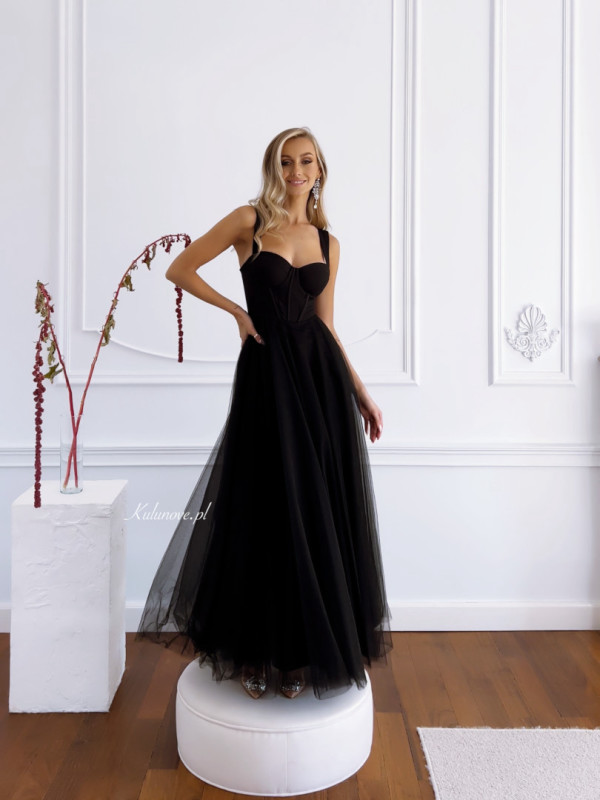 Promise - striking long tulle black dress with strapless corset