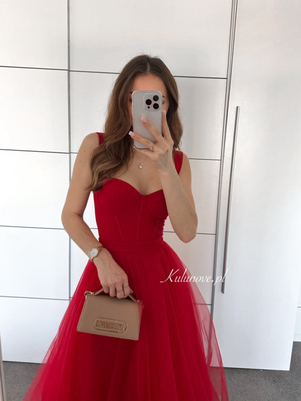 Promise midi - red flared strapless corset dress